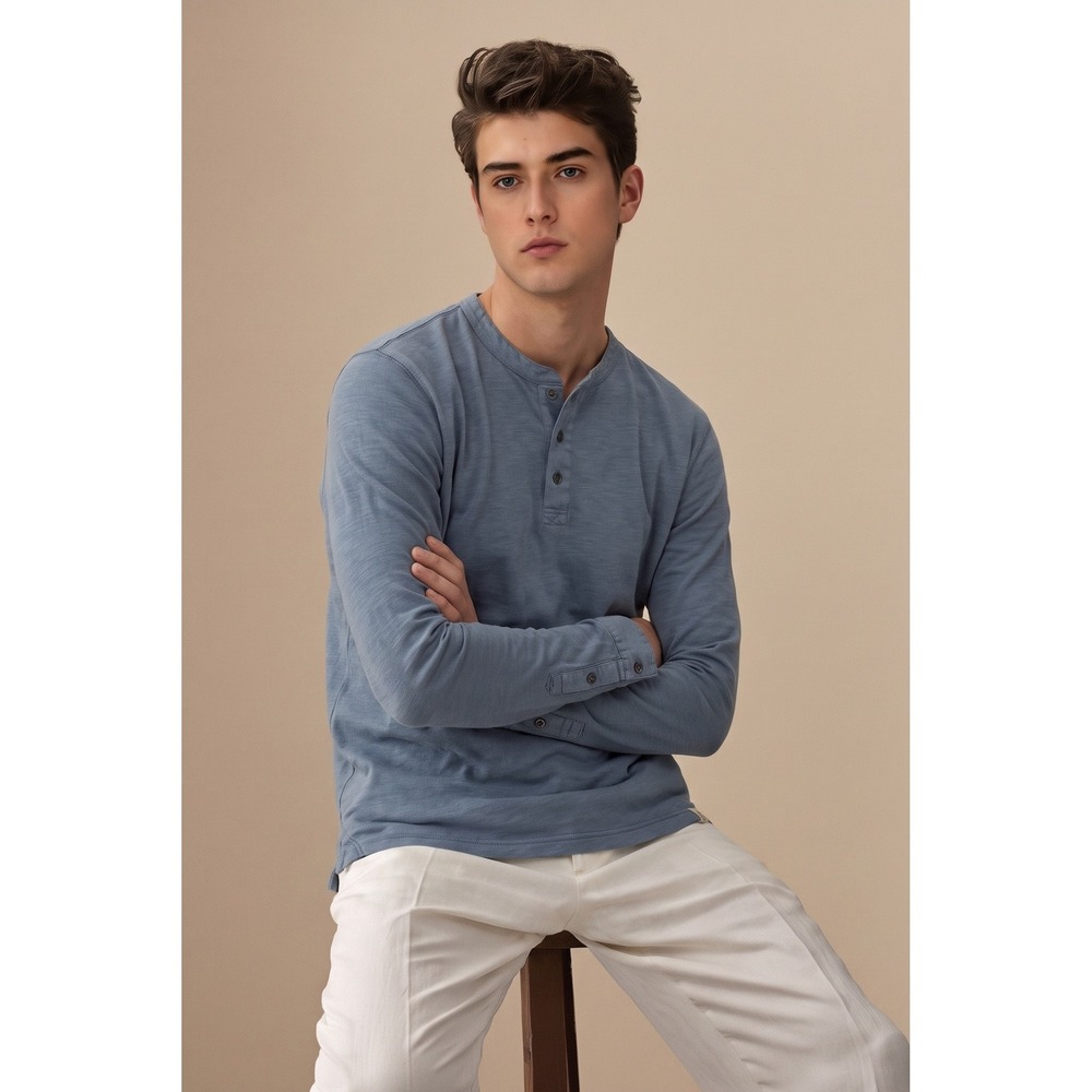 Mountain Khakis Henley Shirt Medium Blue 100% Cotton Long Sleeve Excellent Top
